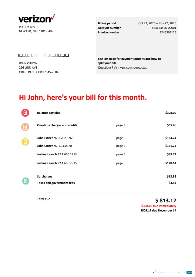 download USA Verizon telecommunications utility bill template in Word and PDF format PDF template
